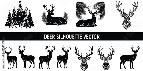 Deer silhouette vector collection featuring stags antlers standing and resting poses wildlife forest nature decorative illustration set
