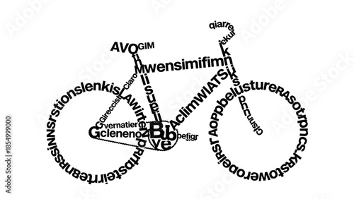 Bike silhouette word cloud concept showcasing cycling terms and elements in a creative visual design