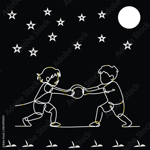 Continuous one line drawing Kids girl and boy brother sister fighting over a ball. Conflict between children. Kids sibling fighting in playroom because of toy.