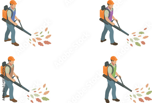 Isometric gardener using leaf blower cleaning autumn leaves, outdoor maintenance worker illustration for seasonal yard work and landscaping isolated on white background