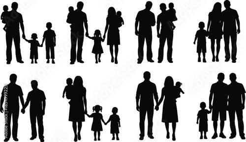 Family silhouettes collection showing parents children and couples standing together holding hands family bonding lifestyle illustration set