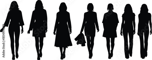 Black silhouettes of seven women walking in different poses and outfits white background