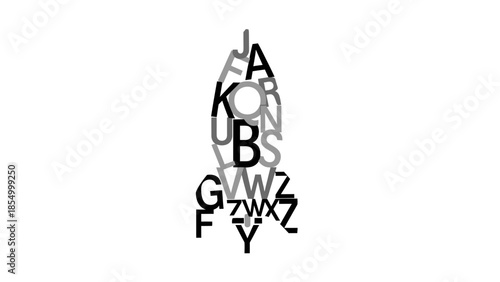 Abstract black and white arrangement of stacked capital letters forming a unique shape