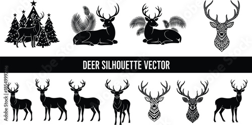 Deer silhouette vector set with standing and resting stags antlers wildlife nature hunting forest decorative illustration collection