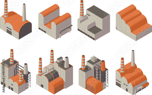 Isometric factory buildings illustration set showing industrial plants with chimneys, power units and production facilities, modern manufacturing architecture isolated on white background
