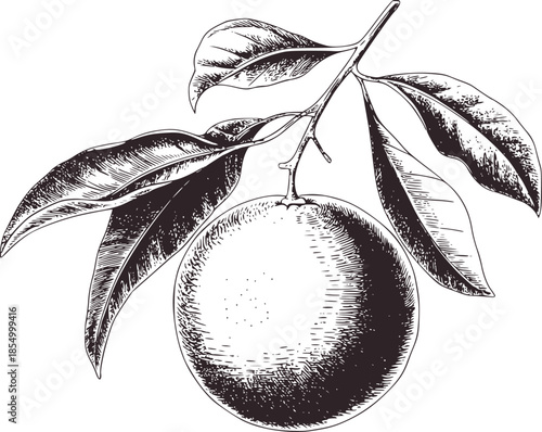 Black and white botanical of an orange with leaves attached