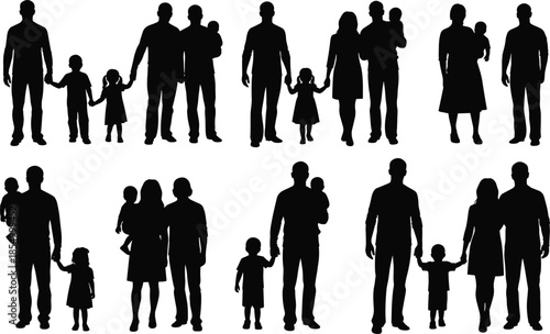 Family silhouettes set showing parents and children standing together holding hands family relationships love parenting lifestyle illustration collection