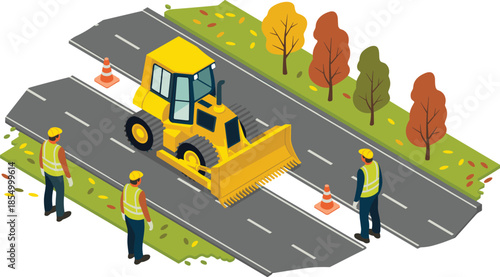 Isometric road construction illustration with bulldozer and workers repairing highway, urban infrastructure maintenance and street improvement concept isolated on white background