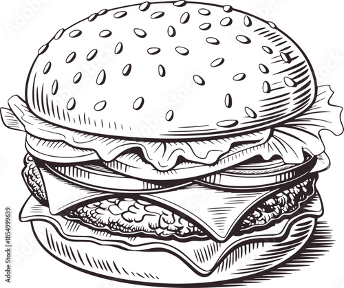 Black and white line of a hamburger with sesame seed bun