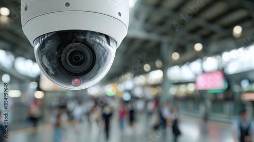 A security camera is prominently displayed, capturing the bustling activity of a station with blurred pedestrians in the background.