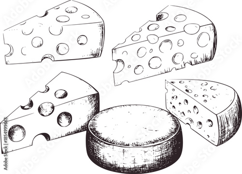 Black and white line of Swiss cheese wedges and wheel