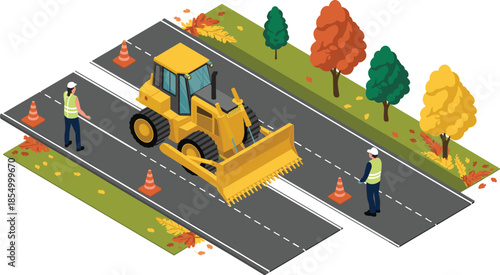 Isometric road construction scene with bulldozer and workers repairing highway, seasonal urban infrastructure maintenance and traffic safety concept isolated on white background