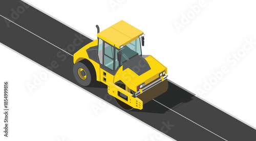 Isometric road roller illustration compacting asphalt pavement, heavy construction vehicle for highway paving and urban road infrastructure isolated on white background