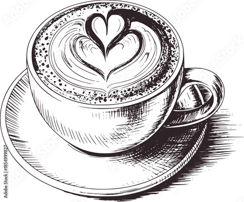Black and white pencil style of a latte cappuccino in a cup