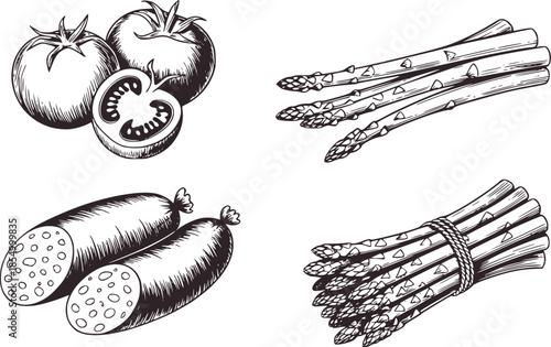 Black and white vintage ink of tomatoes cucumbers and asparagus bundle