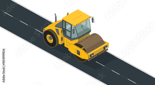 Isometric road roller illustration compacting asphalt on highway, heavy construction machinery for road building and infrastructure development isolated on white background