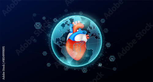 Human organ red heart in blue transparent globe. Medic science icons surrounded. Medical world future. Global there is increasing importance placed on health care. Vector.