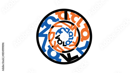 Abstract graphic design featuring layered circles and text elements in vibrant colors, modern logo