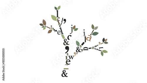 Abstract digital artwork of a tree composed of letters, symbols, and typographic elements