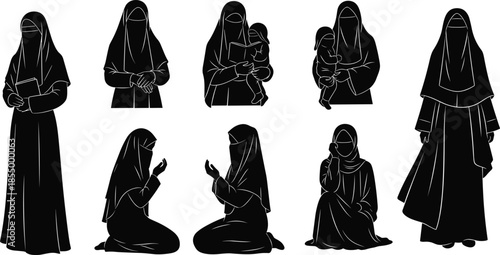 Muslim women silhouette set wearing niqab abaya showing motherhood prayer modest Islamic lifestyle poses isolated vector illustration on white background