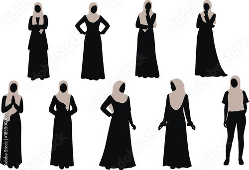 Muslim women hijab fashion silhouette set showing modest Islamic female clothing standing poses isolated on white background vector illustration