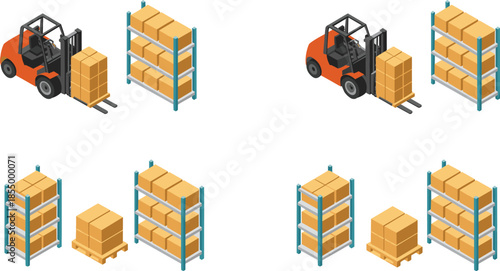 Isometric warehouse logistics illustration set with forklift, storage racks and cardboard boxes, inventory handling and distribution management concept isolated on white background