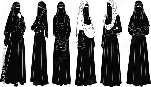 Muslim women wearing niqab abaya silhouette set showing modest Islamic fashion standing poses isolated on white background vector illustration