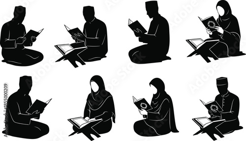 Muslim men and women reading Quran silhouette set showing Islamic study prayer worship religious education isolated vector illustration