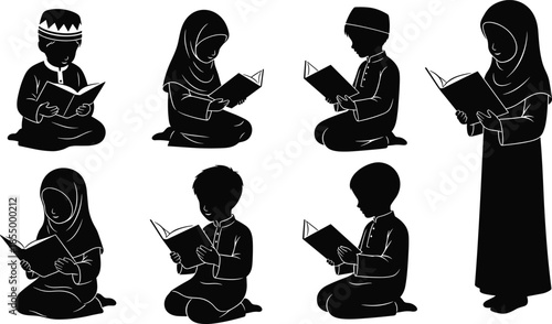 Muslim children reading Quran silhouette set showing boys and girls studying Islam religious education isolated vector illustration on white background