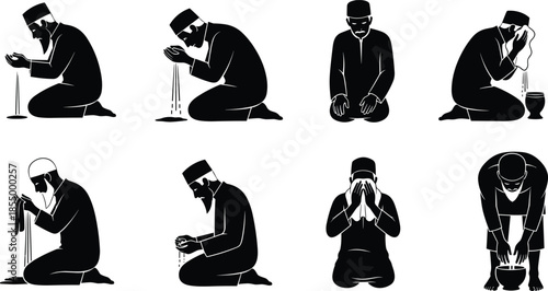 Muslim man performing Islamic ablution wudu steps set silhouette praying preparation ritual isolated on white background vector illustration