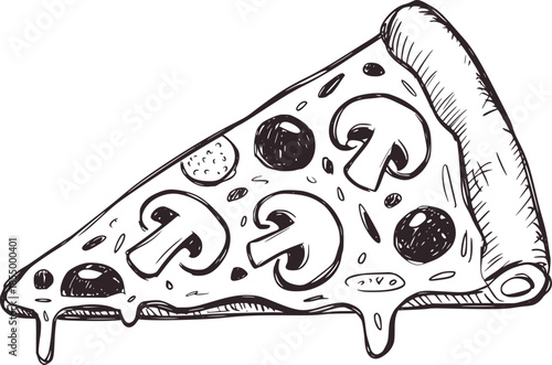 Hand drawn black and white line of a pizza slice with mushrooms