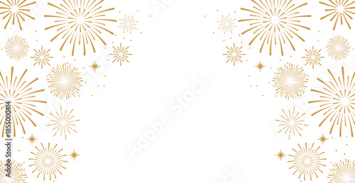Elegant gold fireworks burst and sparkling stars on clean white background, festive celebration illustration for New Year, holiday party, greeting card, luxury event design, minimalist style vector.