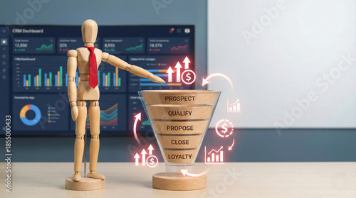 Wooden mannequin with red tie points at sales pipeline funnel showing prospect qualify propose close loyalty stages with crm dashboard and performance charts in background