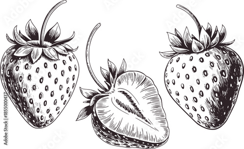Hand drawn black and white strawberries with detailed seeds and leaves line