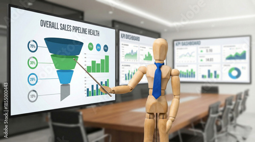Wooden mannequin presenting sales pipeline performance on screen in modern office with CRM and KPI dashboard
