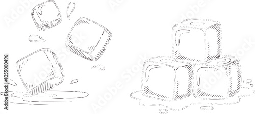 Ice cubes melting and stacked in black and white line