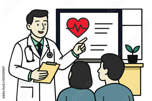 Cartoon illustration of a doctor with a stethoscope caring for a child patient and nurse in a hospital setting featuring heart art and healthy people