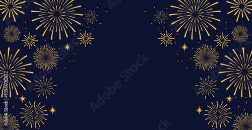 Elegant gold fireworks burst and sparkling stars on clean blue background, festive celebration illustration for New Year, holiday party, greeting card, luxury event design, minimalist style vector.