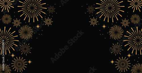 Elegant gold fireworks burst and sparkling stars on clean black background, festive celebration illustration for New Year, holiday party, greeting card, luxury event design, minimalist style vector.