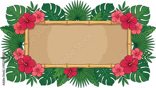 Tropical bamboo frame with hibiscus flowers and lush palm leaves, exotic summer border banner illustration isolated on white background
