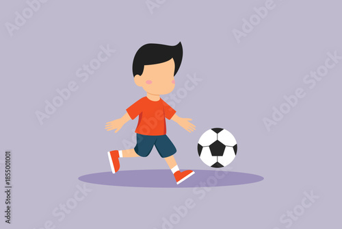 Little boy is having fun playing with a football. Children playing toys Concept. Colored flat vector illustration isolated