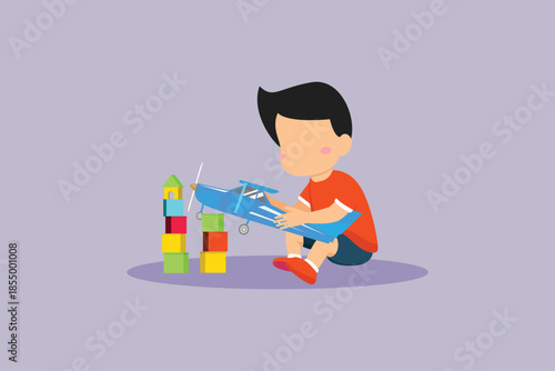 Wallpaper Mural Little boy is having fun playing with a plane. Children playing toys Concept. Colored flat vector illustration isolated Torontodigital.ca