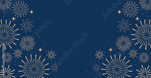 Elegant gold fireworks burst and sparkling stars on clean blue background, festive celebration illustration for New Year, holiday party, greeting card, luxury event design, minimalist style vector.
