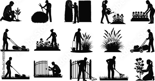 Gardening and landscaping silhouettes set showing people planting watering trimming mowing hedges lawn care outdoor garden maintenance activities