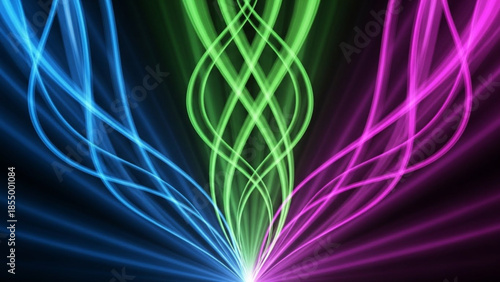 Vibrant multicolored neon light beams emanating from a single point on a dark background