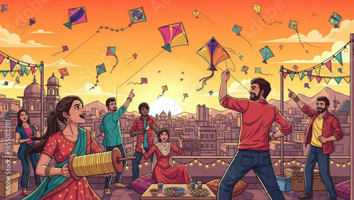 Vibrant indian festival celebration with people flying kites on rooftop at sunset