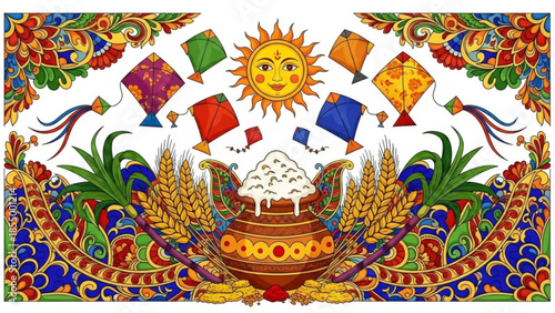 Vibrant kite festival scene with sun, pot of flowers, wheat, and colorful decorations