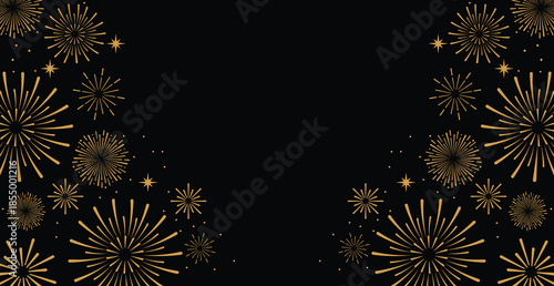 Elegant gold fireworks burst and sparkling stars on clean black background, festive celebration illustration for New Year, holiday party, greeting card, luxury event design, minimalist style vector.