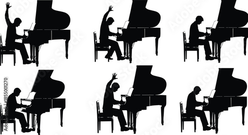 Grand piano pianist silhouettes set showing musicians performing classical music concert expressive piano playing poses illustration collection stage art performance