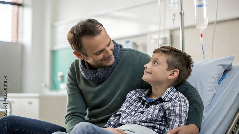 Fototapeta premium Compassionate father comforting his young son lying in a hospital bed, offering emotional support and love during a medical recovery in a bright clinical room. AI generated art.